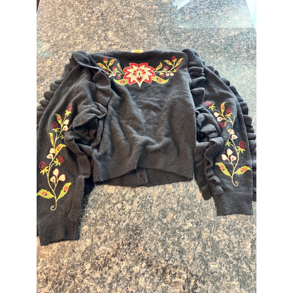 Farm Rio Embroidered Ruffle Sleeve Cropped Cardigan Sweater XS Floral NWT - Picture 8 of 12